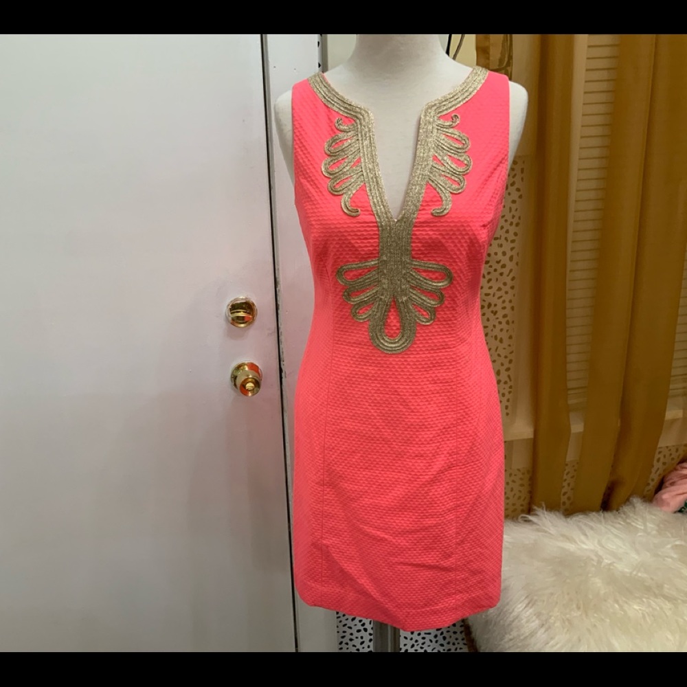 Lilly Pulitzer Coral Pink Mini Dress with Gold Embellishment